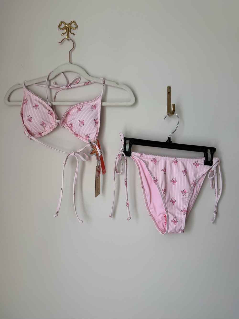 Pink Floral white striped triangle top and Tie-Side Bikini two piece Set